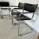 Set of 6 design chairs Matteo Grassi tubular metal and black leather year 70/80 Bauhaus style