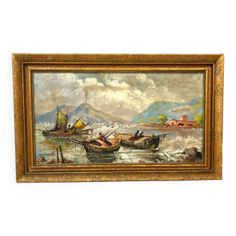 Antique Oil Painting Smoking Vesuv Vulcano Gulf of Neapel by A. Schwarzbeck about 1880