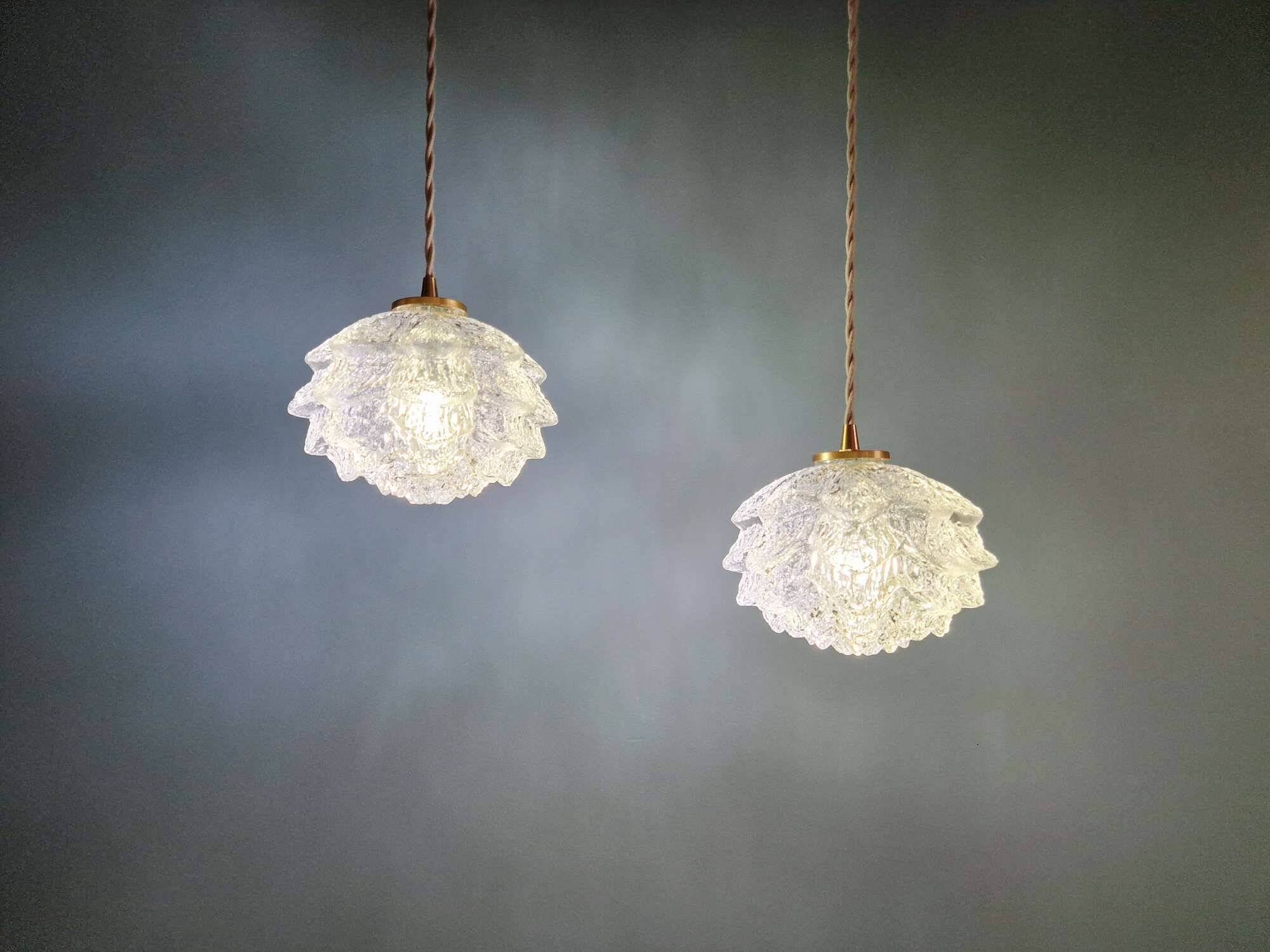 Pair of frosted glass pendant lights, artichoke-shaped, 1960s.