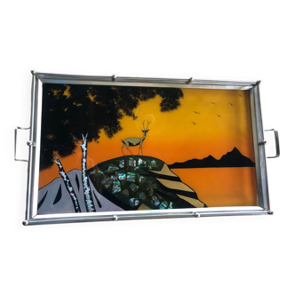 Plateau Art Déco en verre peint sur l’envers