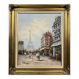 Bernard : huile sur toile vue de la tour Eiffel a Paris vers 1970