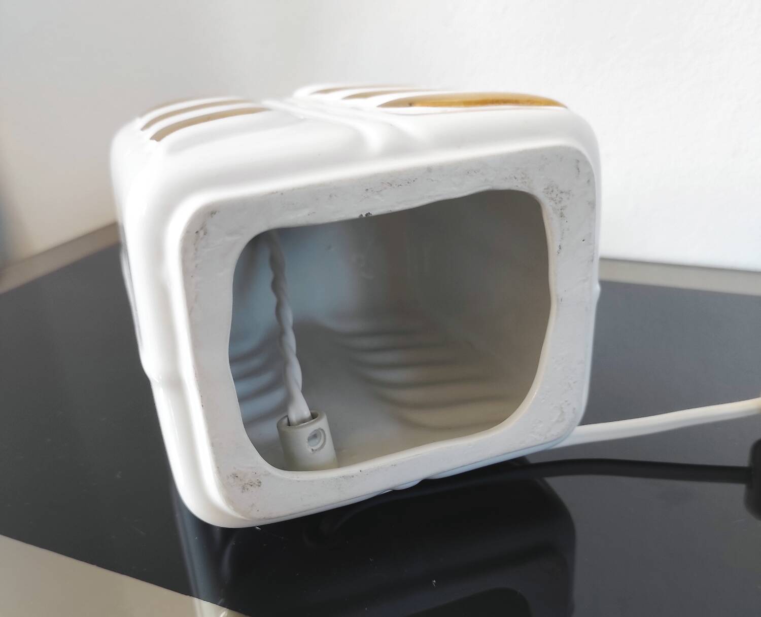 Vintage lamp base, white and gold ceramic, 70s.