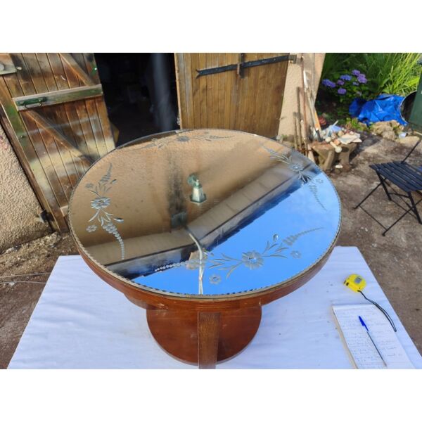 Table art déco noyer plateau miroir