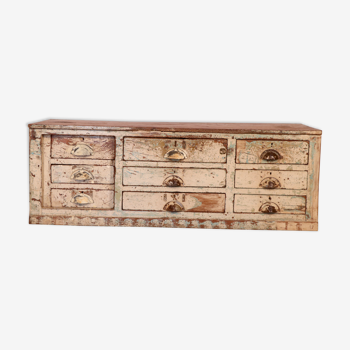 Old workshop furniture with 9 drawers in original Burmese teak ecru patina