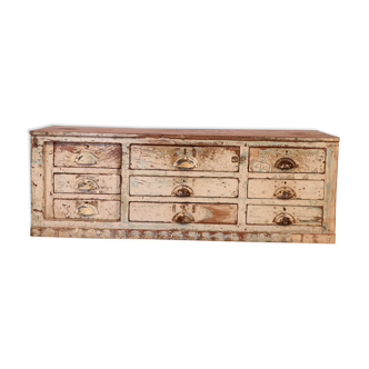 Ancien meuble d'atelier à 9 tiroirs en teck birman patine écrue d'origine