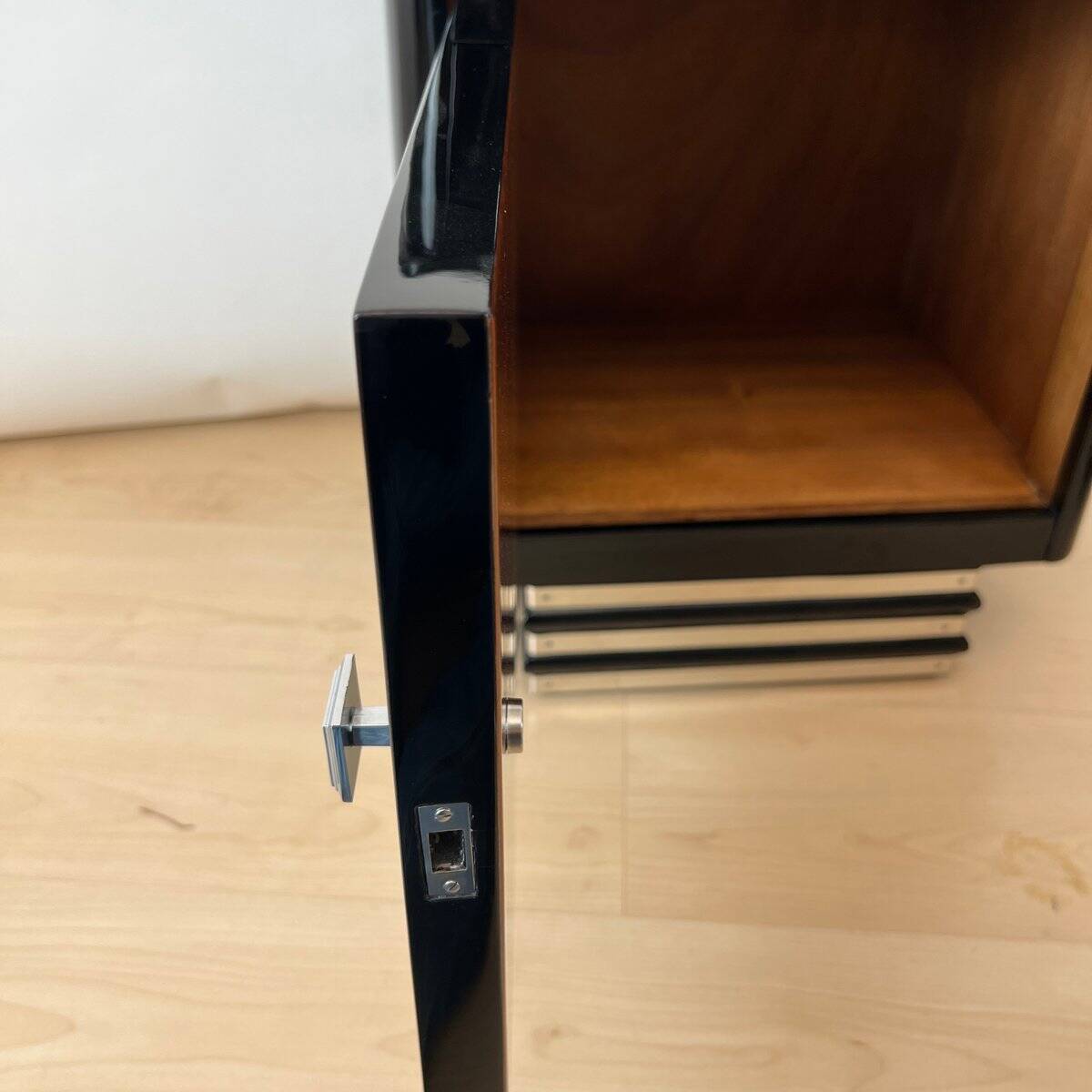 Art Deco Bedside Cabinets in Black Lacquer & Chrome, France, 1930, Set of 2