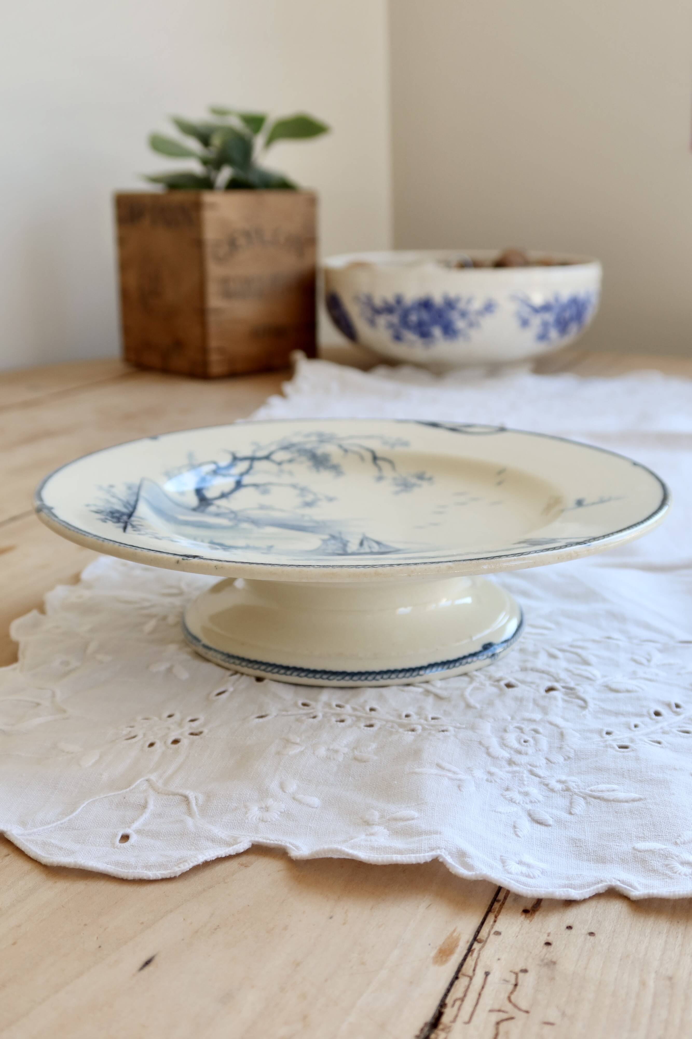 Antique Gien compote dish model Marines - 19th century - Blue marine landscape decoration