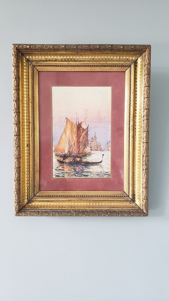 Watercolor painting "Gondola in Venice" by Alfred Justin Blondeau (XIXth).
