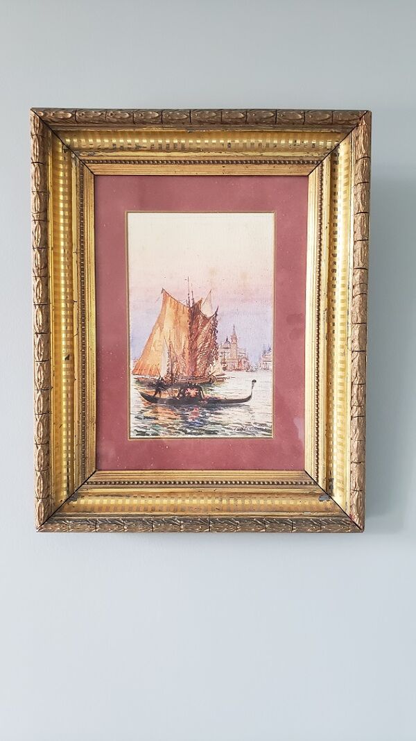 Tableau Aquarelle « Gondole à Venise » de Alfred Justin Blondeau (XIXème).