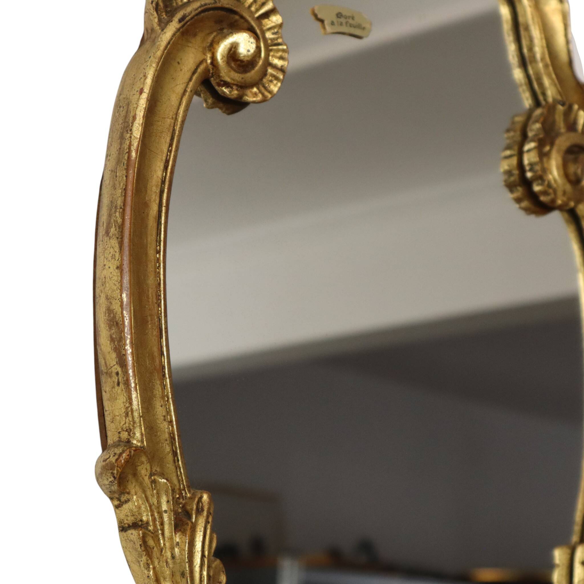 French Baroque-style gold-leaf gilded mirror with crest, 60 cm