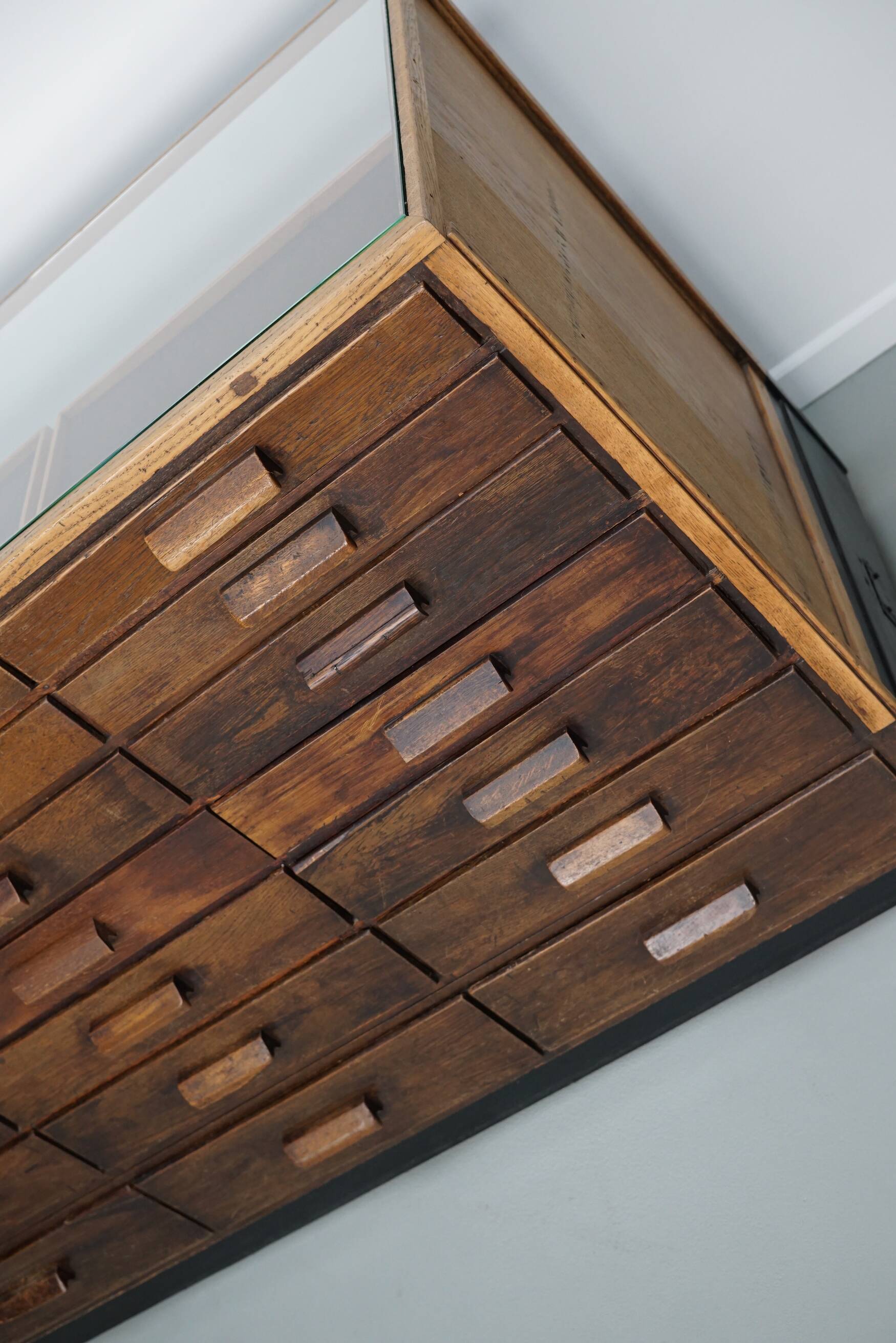 Vintage German Oak Glass Shop Counter Haberdashery Cabinet Vitrine, ca 1950