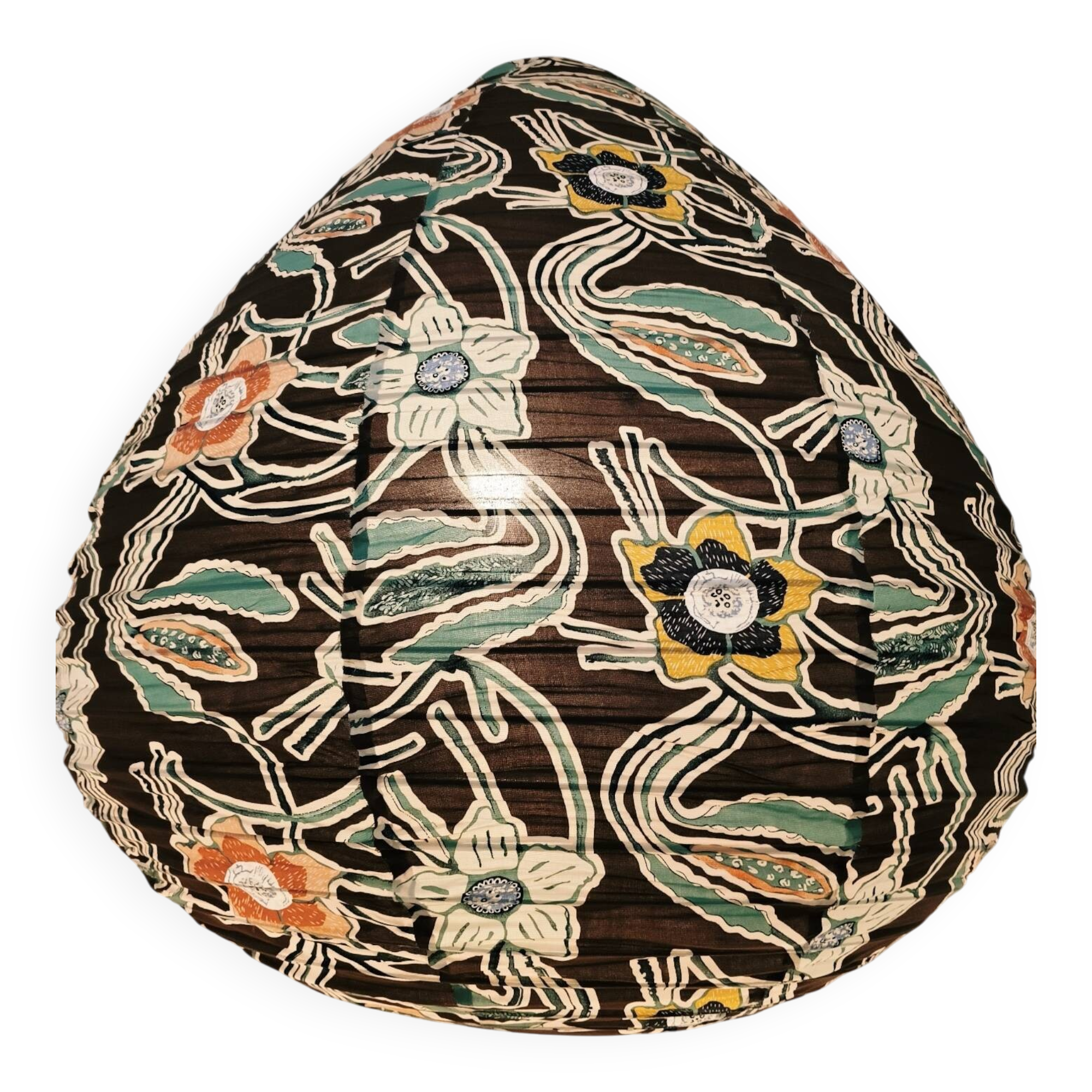 Suspension in printed fabric in the shape of a pear.