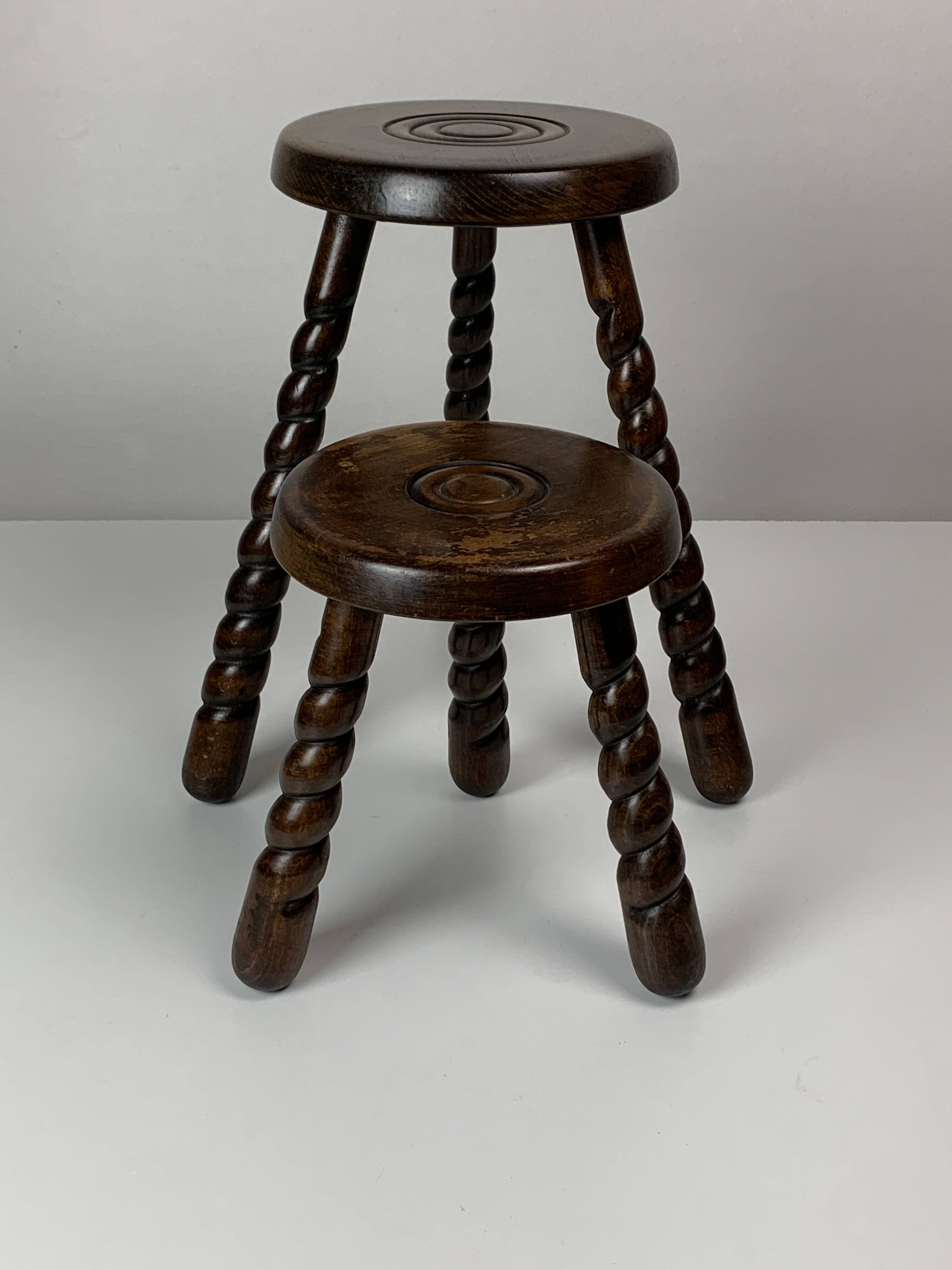 Pair of 2 midcentury brutalist modernist wood turned stools, ca 1950s