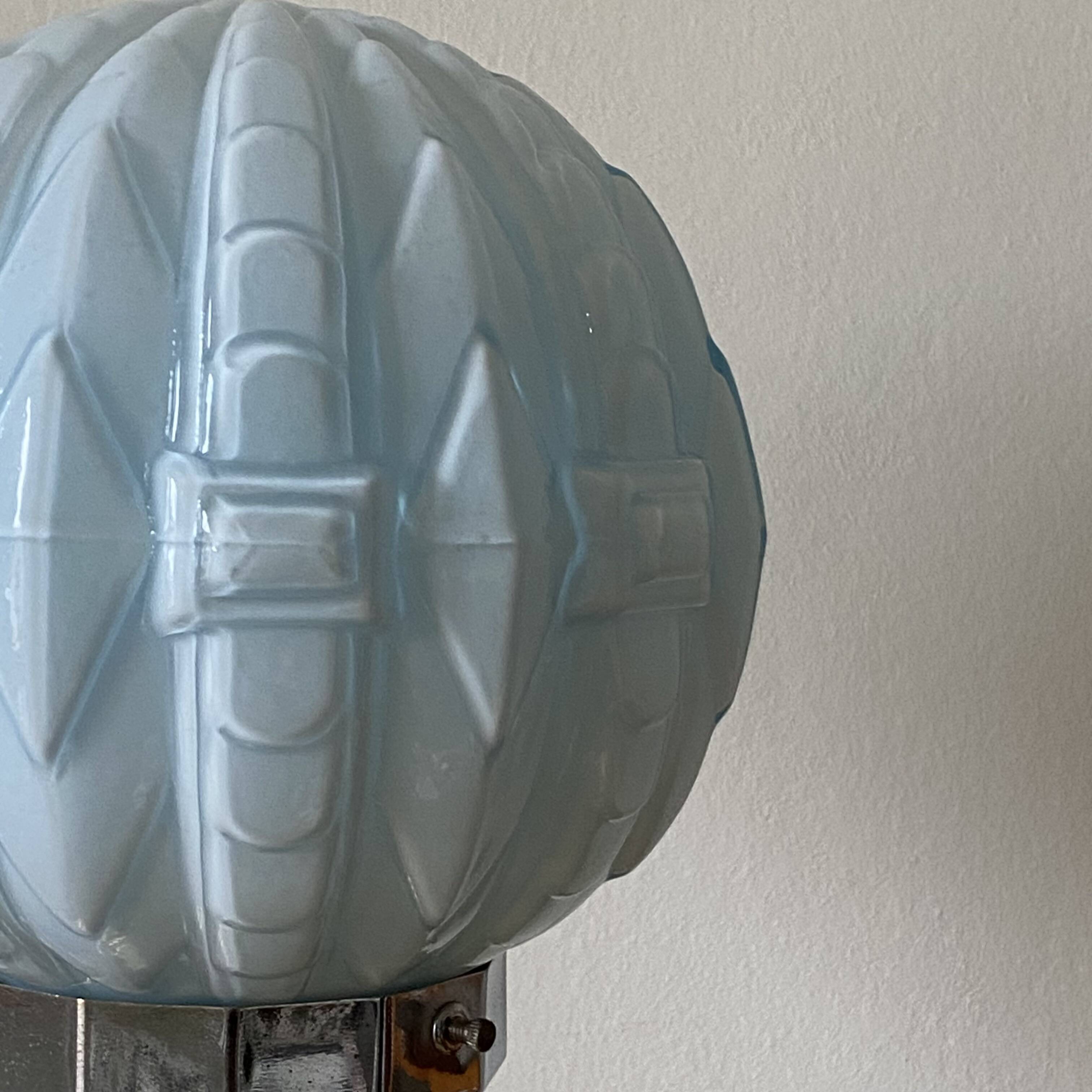 Vintage Art Deco modernist lamp with blue opaline glass and brass.