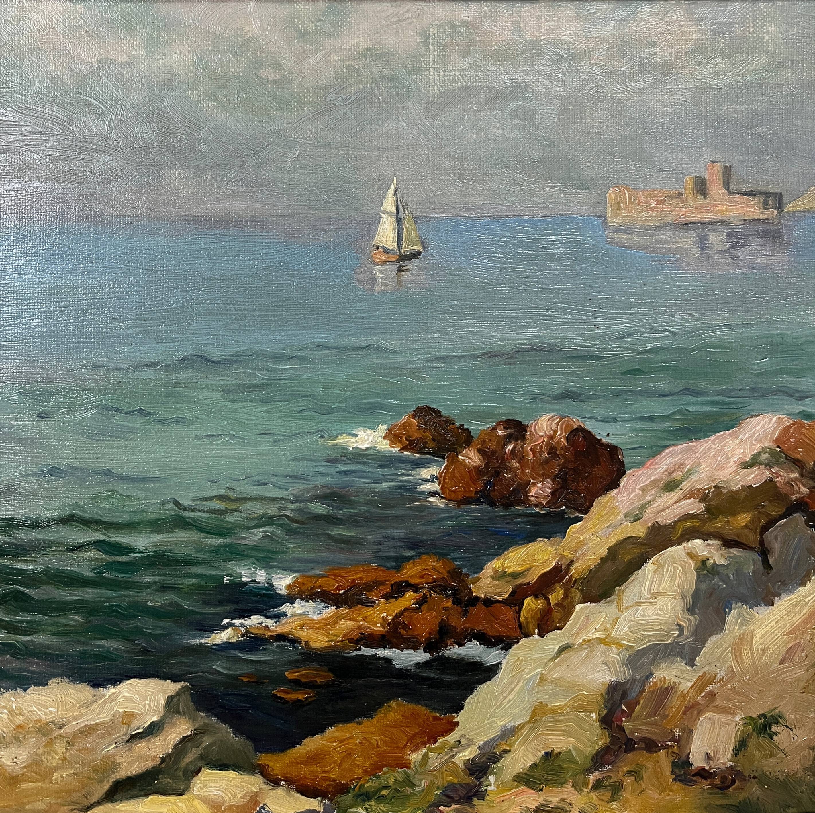 HST Mediterranean Marine Marseille painting? circa 1950 + frame