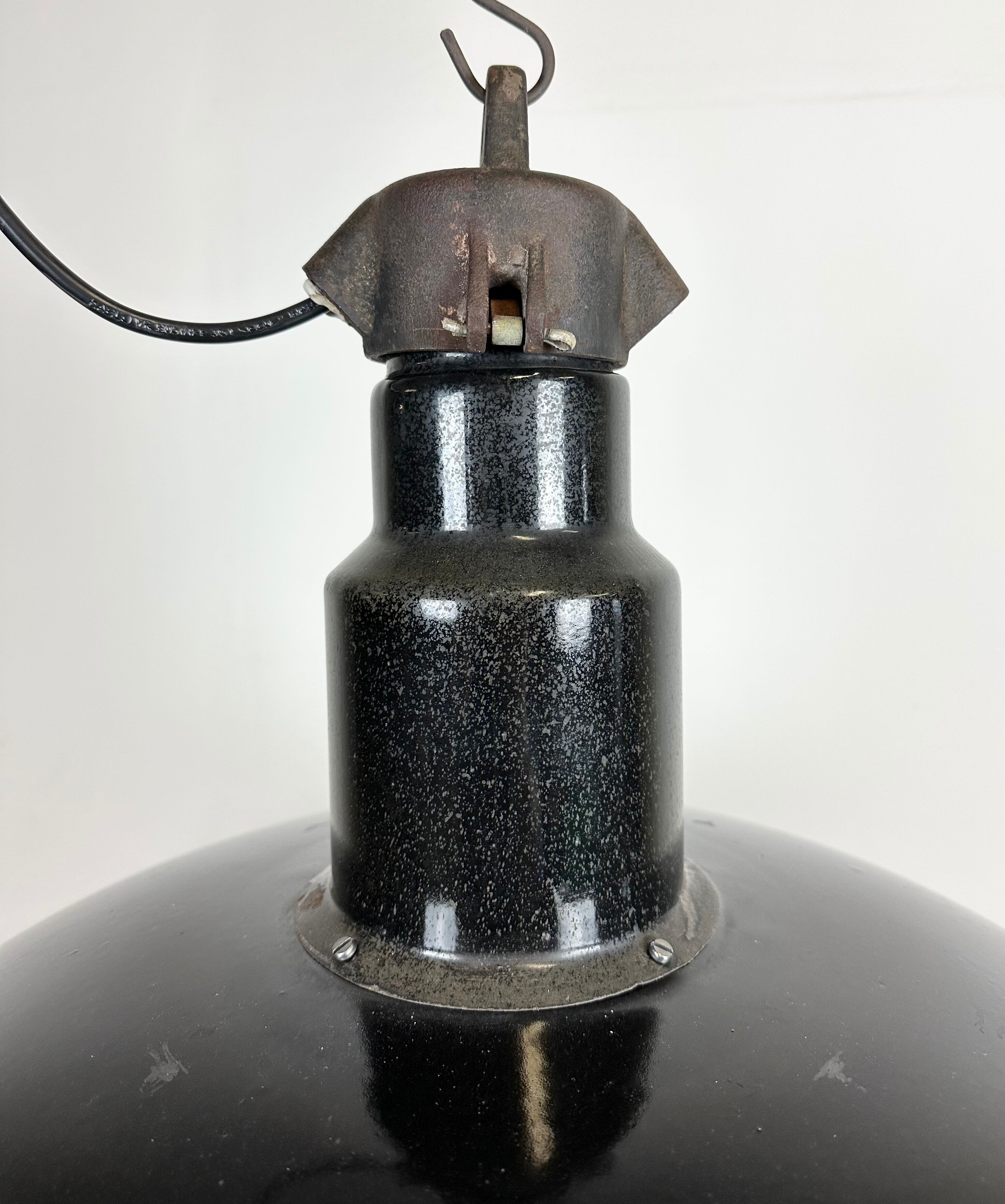 Industrial midcentury black enamel factory lamp, 1950s