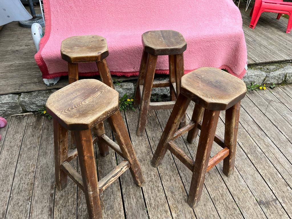 Set of 4 old vintage brutalist fir bar stools