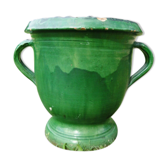 Antique garden pot Castelnaudary green varnished, gardener 19 century France