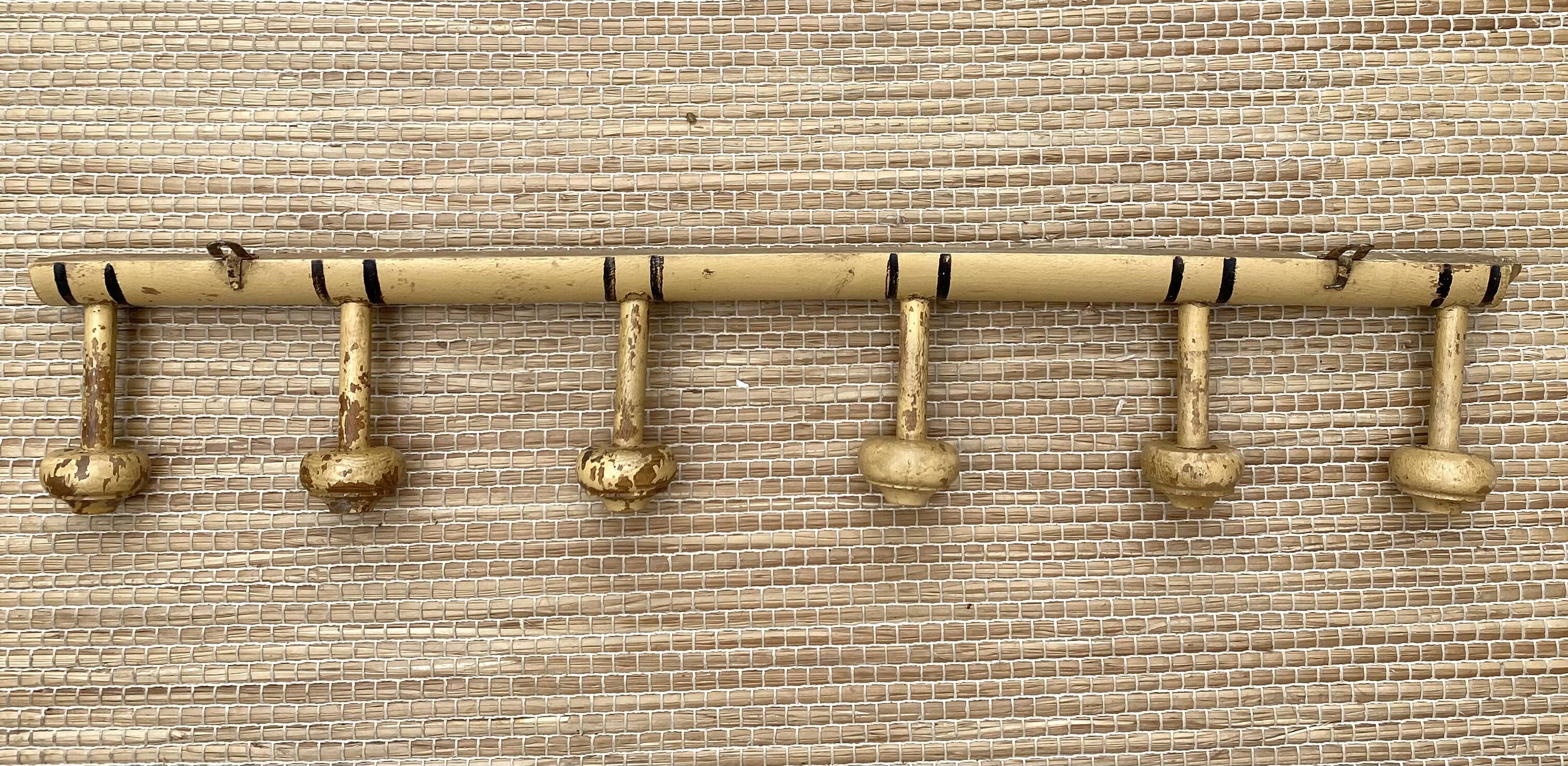 Antique wooden wall coat rack with 6 hooks, 1900