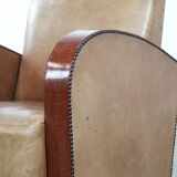 Art Deco design armchair made of cowhide leather in light cognac colour