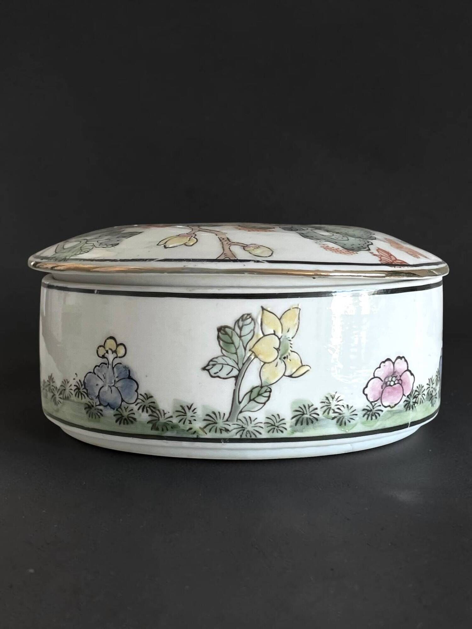Vintage Chinese Porcelain Trinket Box H.F.P. Macau Famille Rose 1970s