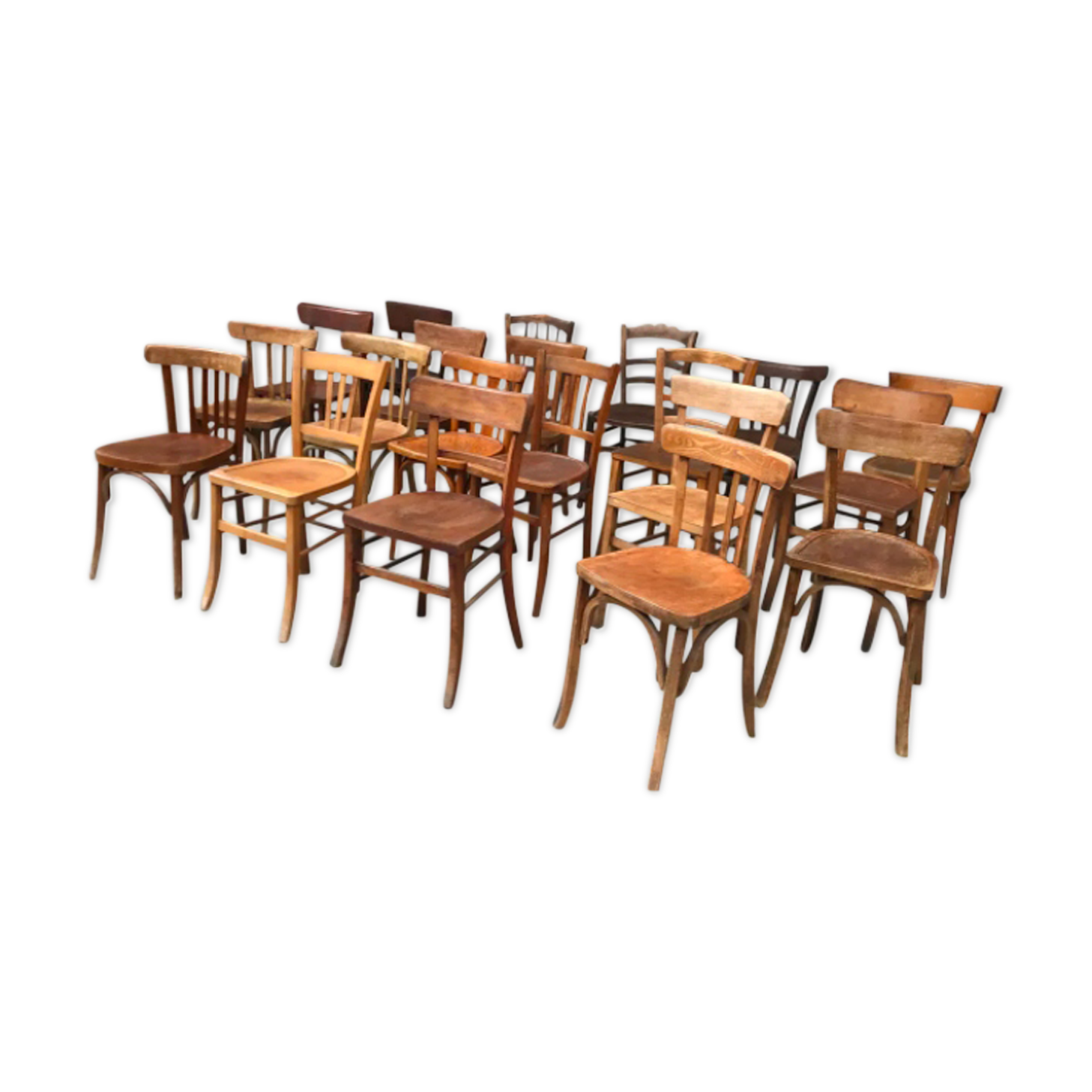 Set of 10 curved wooden bistro chairs