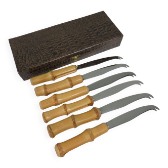 6-piece cheese set, bamboo and stainless steel, Italy 1960s