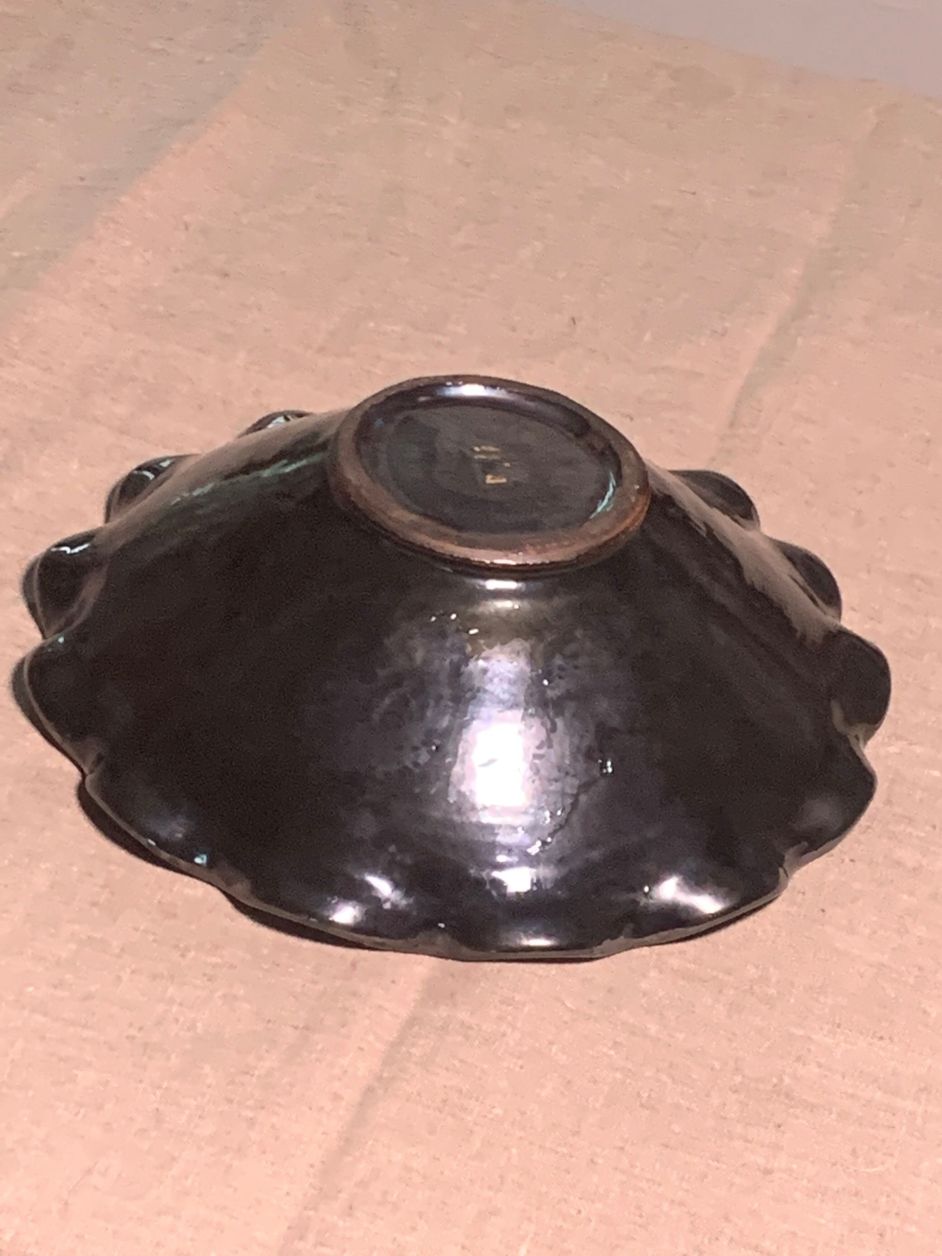 Vintage green and black glazed ceramic fruit cup