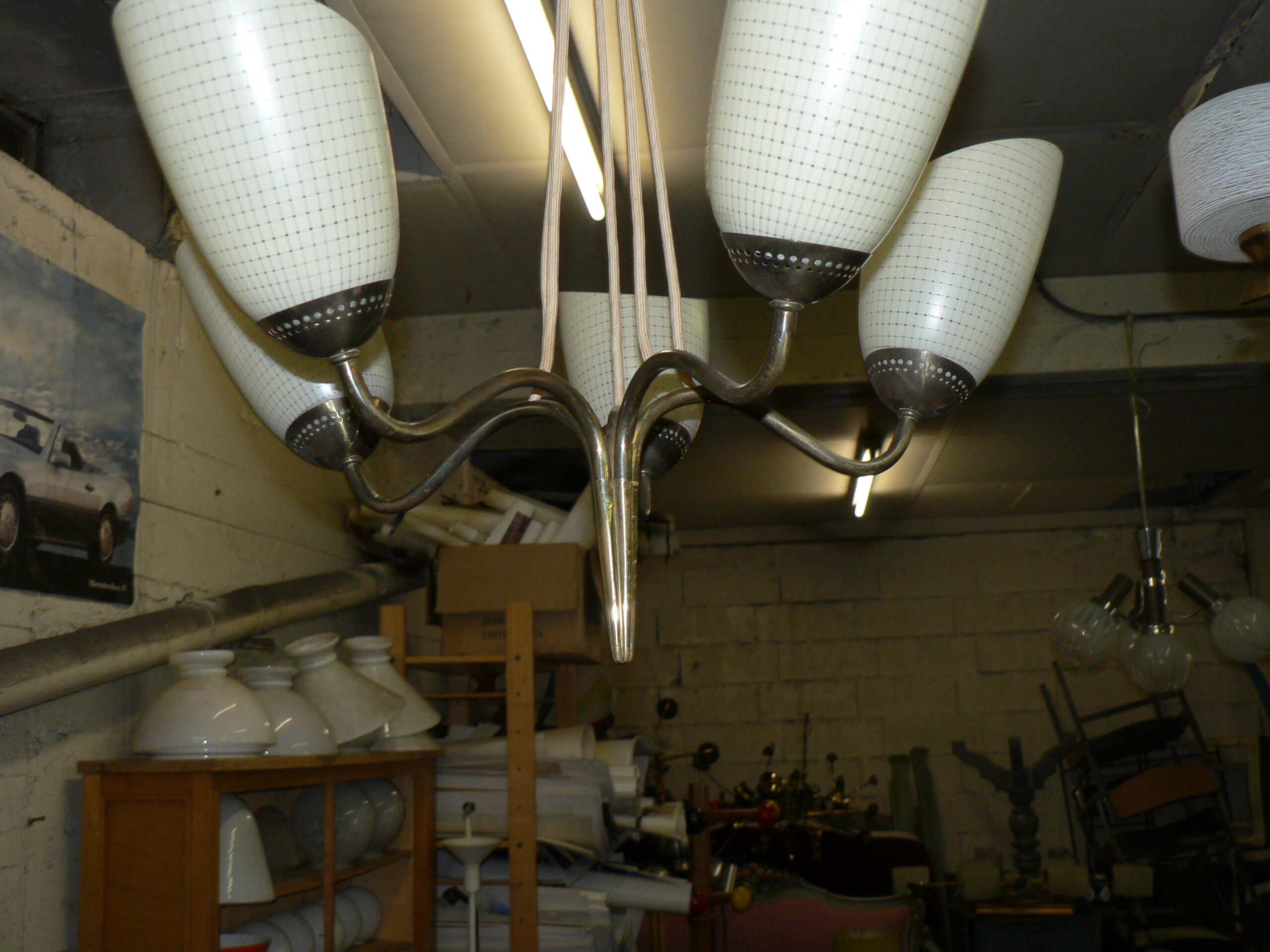 Chandelier 5 tulips 1940 50 brass