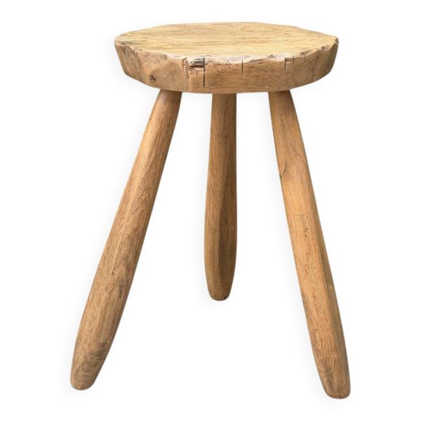 Tabouret tripode brutaliste en orme massif 1950