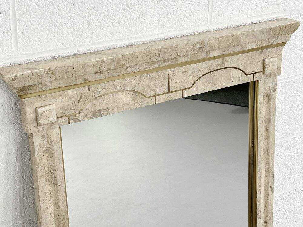 Ensemble console et miroir des années 80 en marqueterie de pierre et laiton