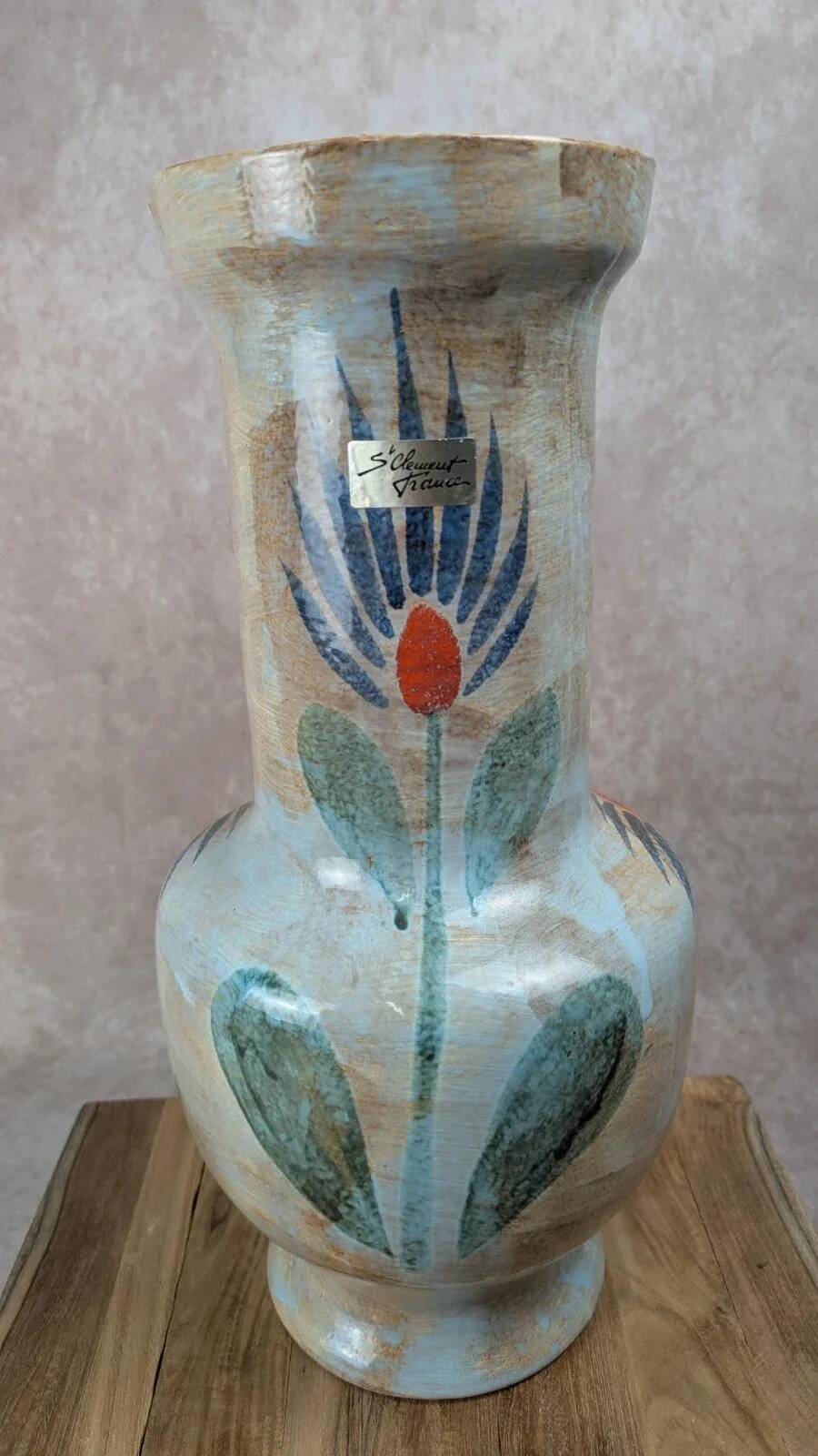 Large vintage vase Saint-Clément France – hand-painted floral decoration