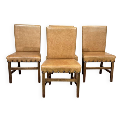 Suite de 4 chaises anglaises en hêtre et simili cuir des années 1980
