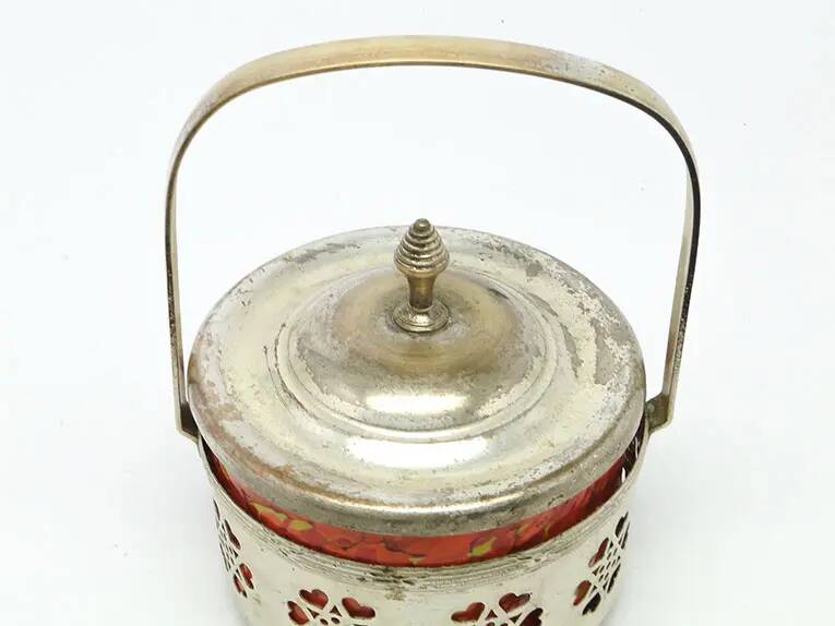 Art Nouveau sugar bowl, silver-plated brass, orange glass, Germany, early 20th century