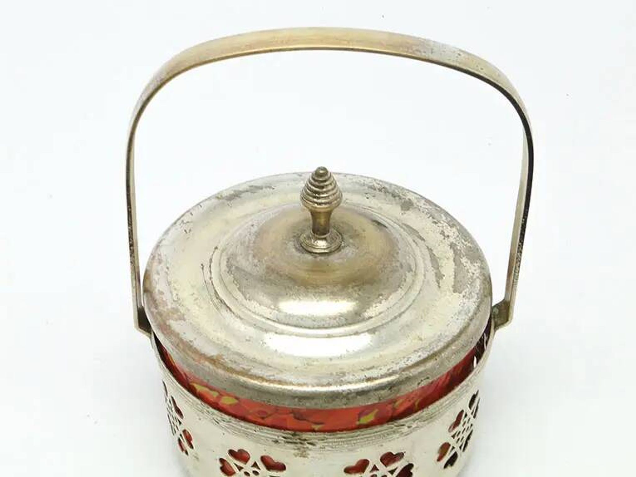 Art Nouveau sugar bowl, silver-plated brass, orange glass, Germany, early 20th century