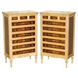 Pair of tall hardwood chests of drawers, walnut and marble.