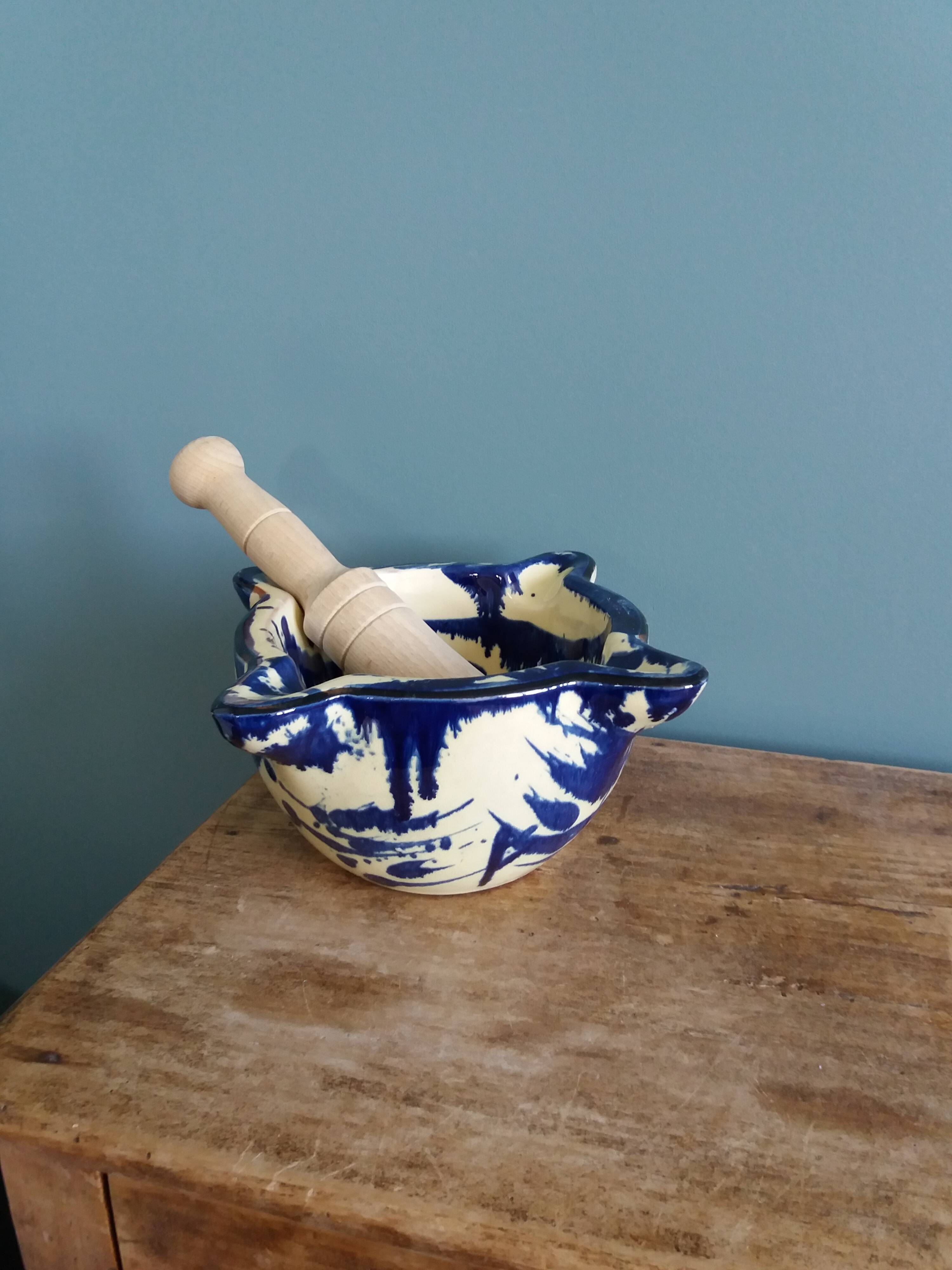Glazed terracotta mortar and wooden pestle