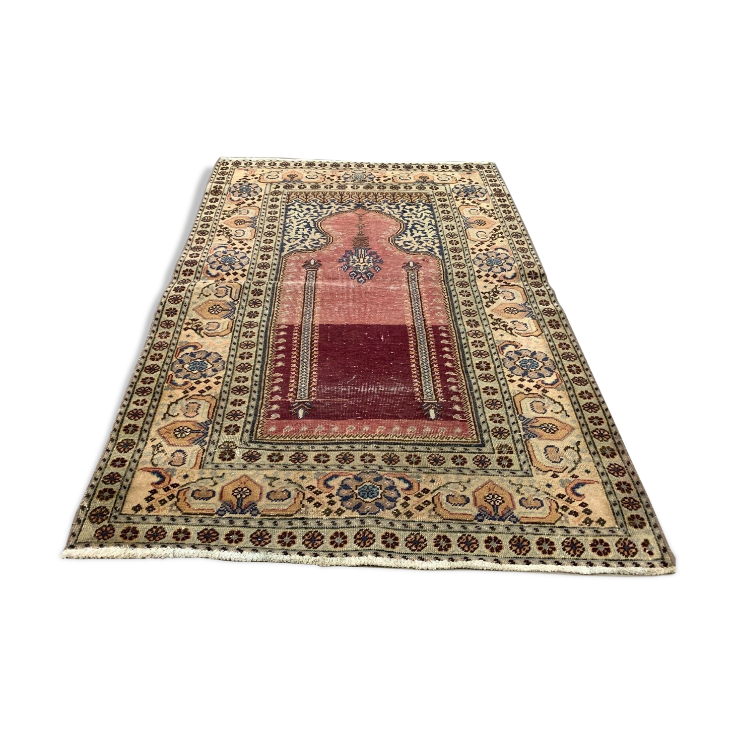 Distressed Turkish Rug 125x85 cm Vintage Shabby, Wool Tribal Pink, Beige Small