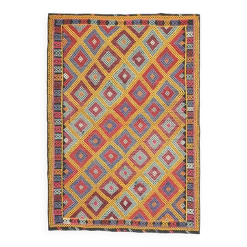 1970s Vintage Turkish Oushak Handmade Wool Cotton Red Area Rug 155x224