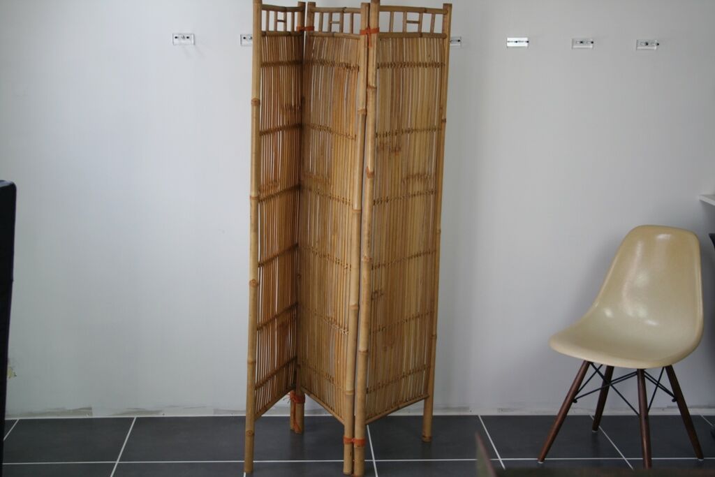 Screen 3 panels bamboo, rattan and wicker 1970 vintage