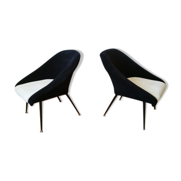 Paire de fauteuils corbeille Bi color restaurés années 50 60 pieds metal