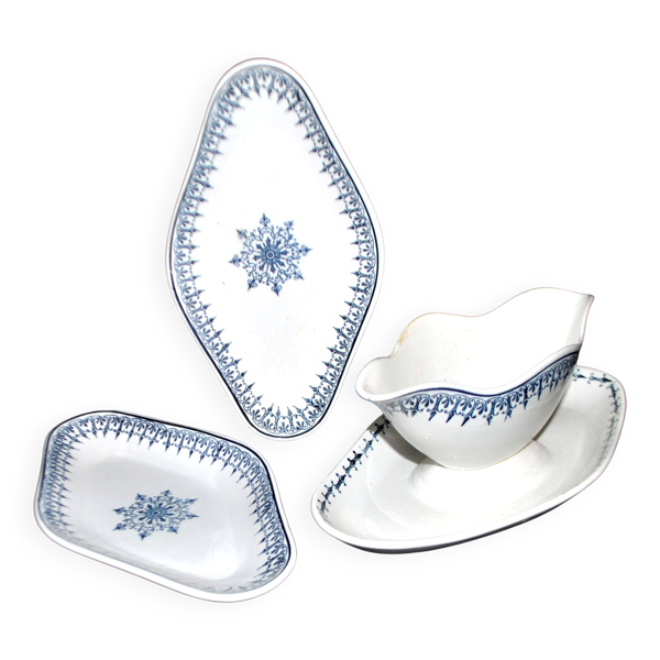 Saucière et 2 raviers en faïence Saint Amand décor rosace bleu marine Primax