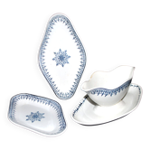 Saucière et 2 raviers en faïence Saint Amand décor rosace bleu marine Primax