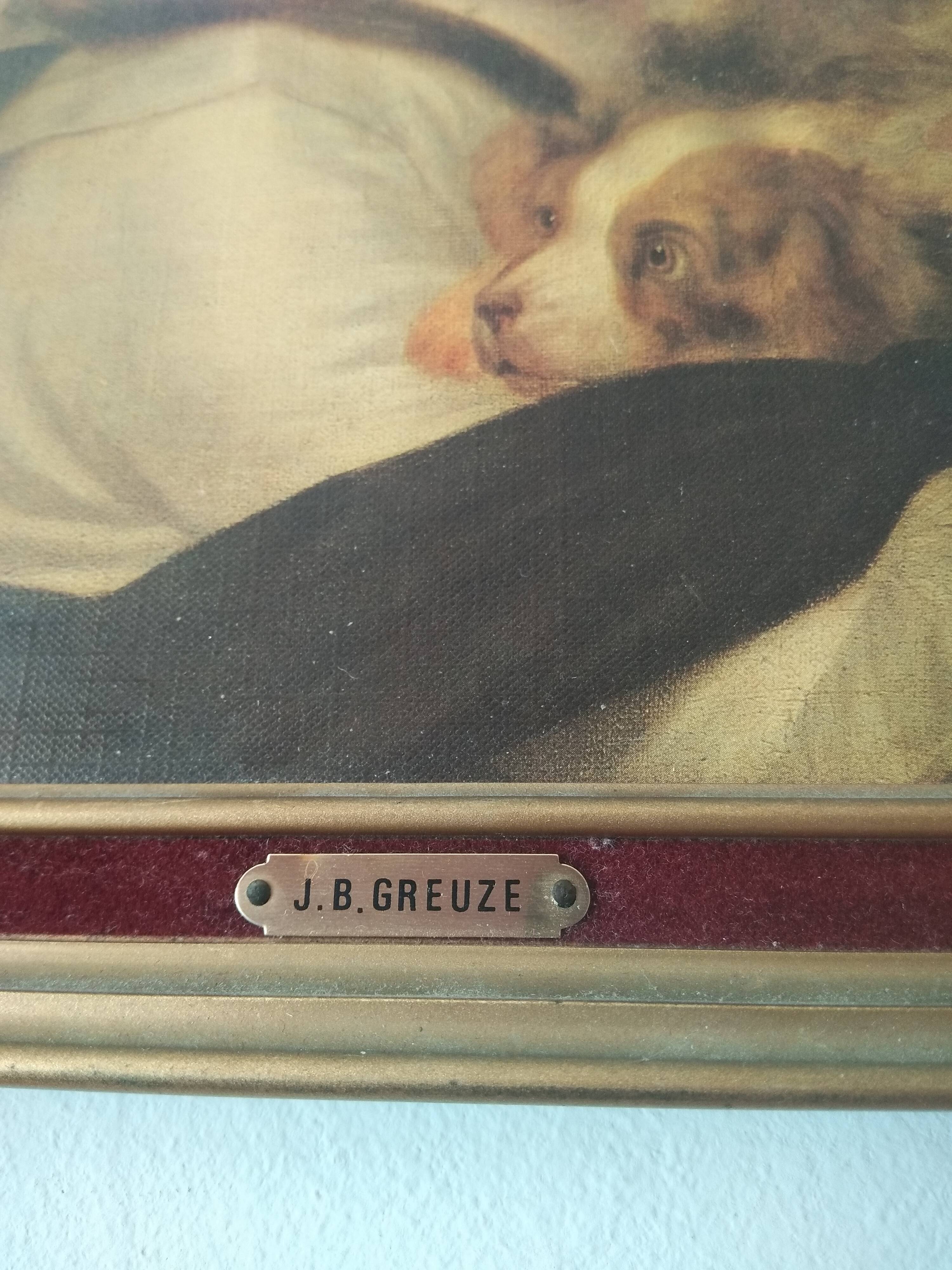 Table J B Greuze reproduction the little girl to the dog Frame 25 x 30.2 cm Back tapestry vel