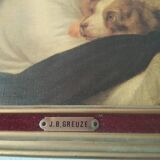 Table J B Greuze reproduction the little girl to the dog Frame 25 x 30.2 cm Back tapestry vel