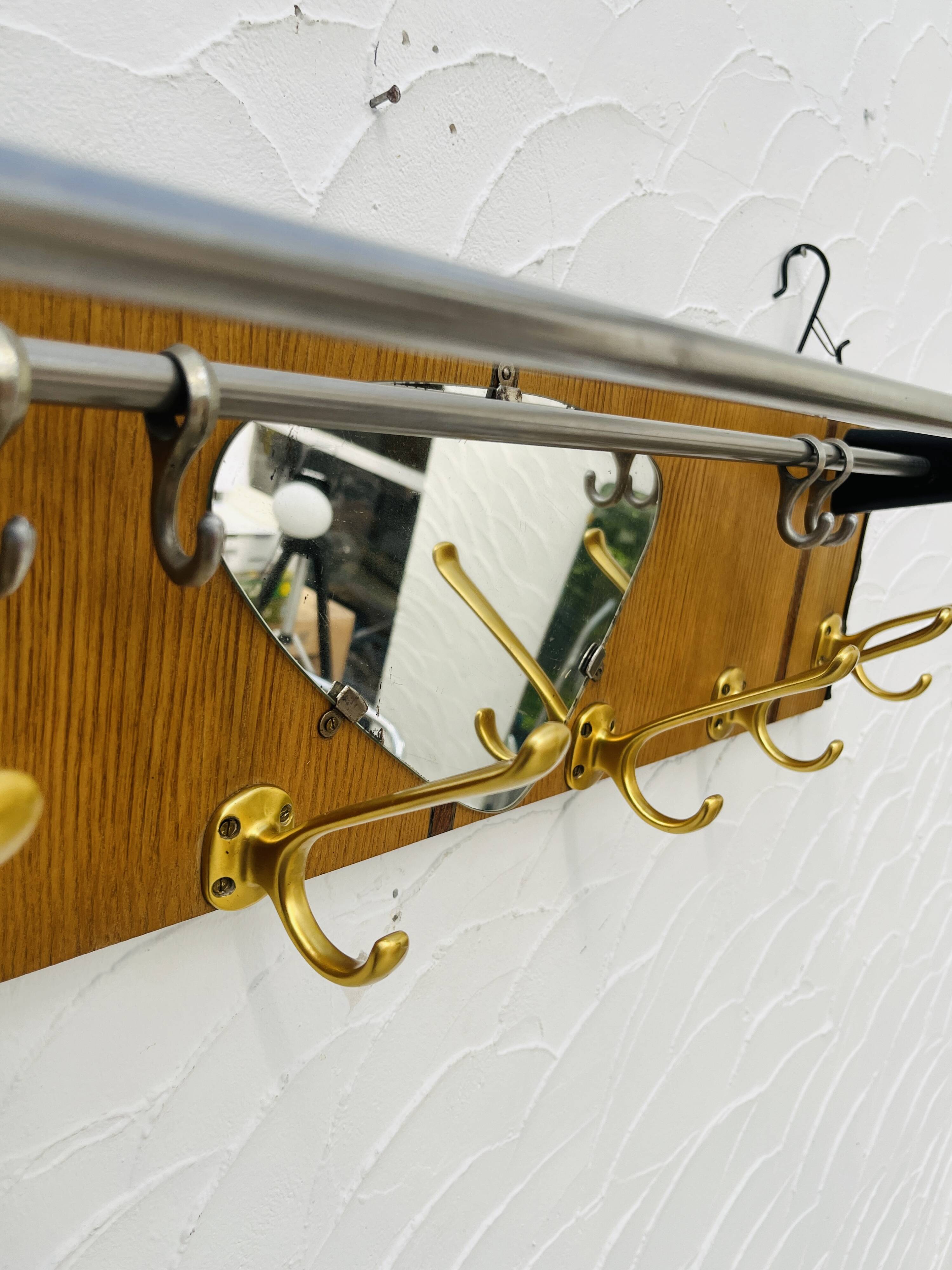 Vintage teak wall coat rack with mirror