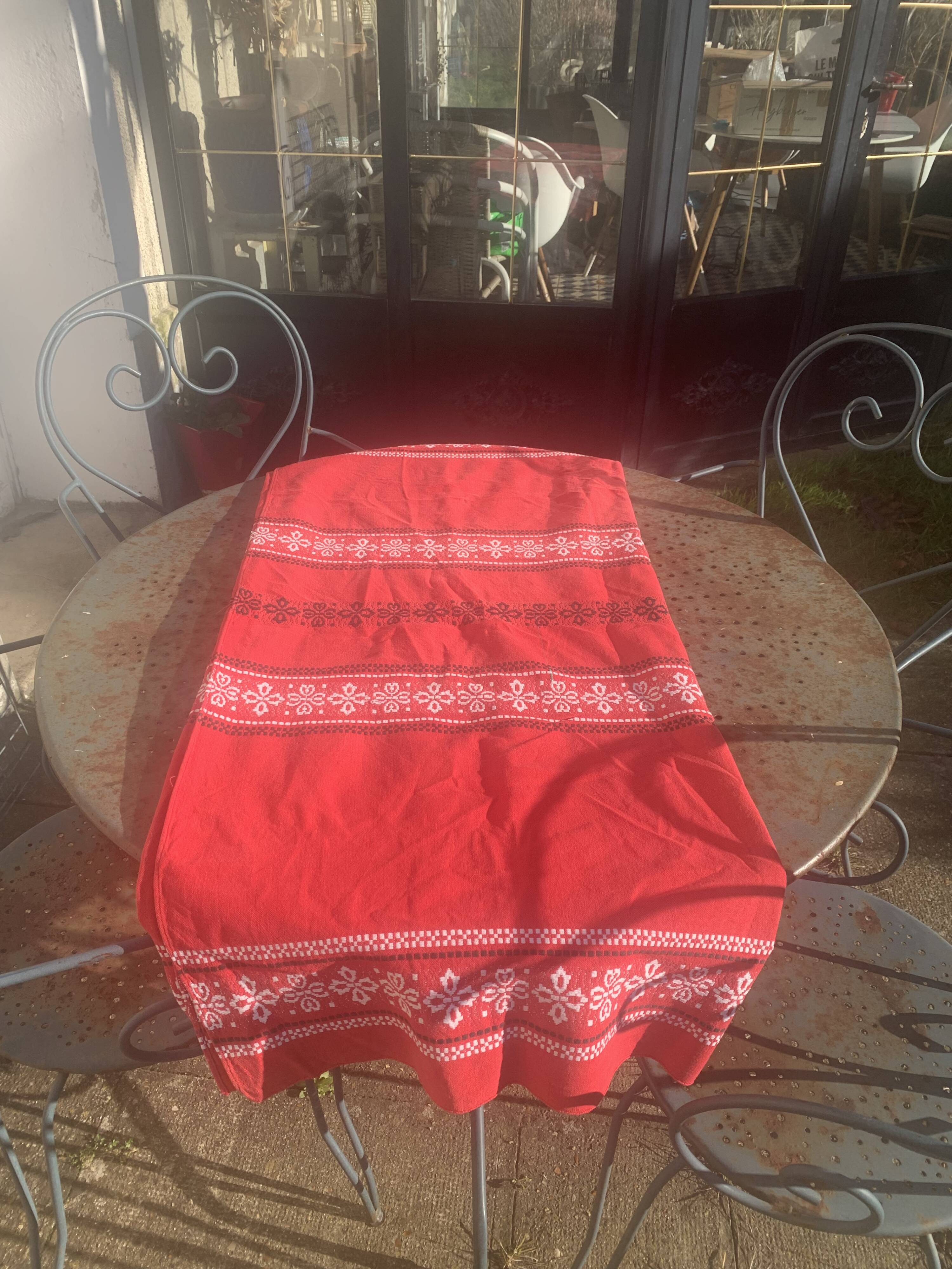 Rectangular tablecloth, Basque household linen in red cotton with black and white embroidery, vintage