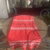Rectangular tablecloth, Basque household linen in red cotton with black and white embroidery, vintage