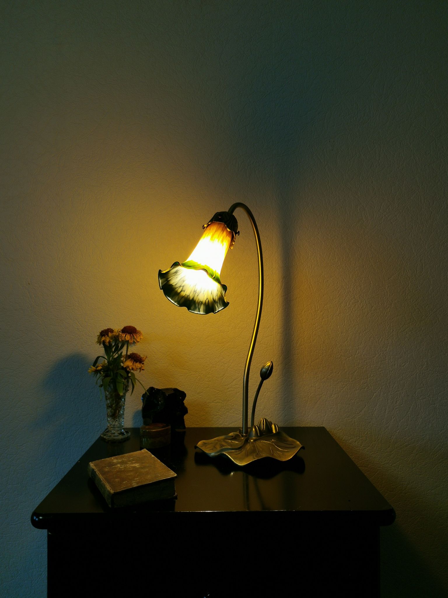 Brass water lily lamp and glass paste, art nouveau style.