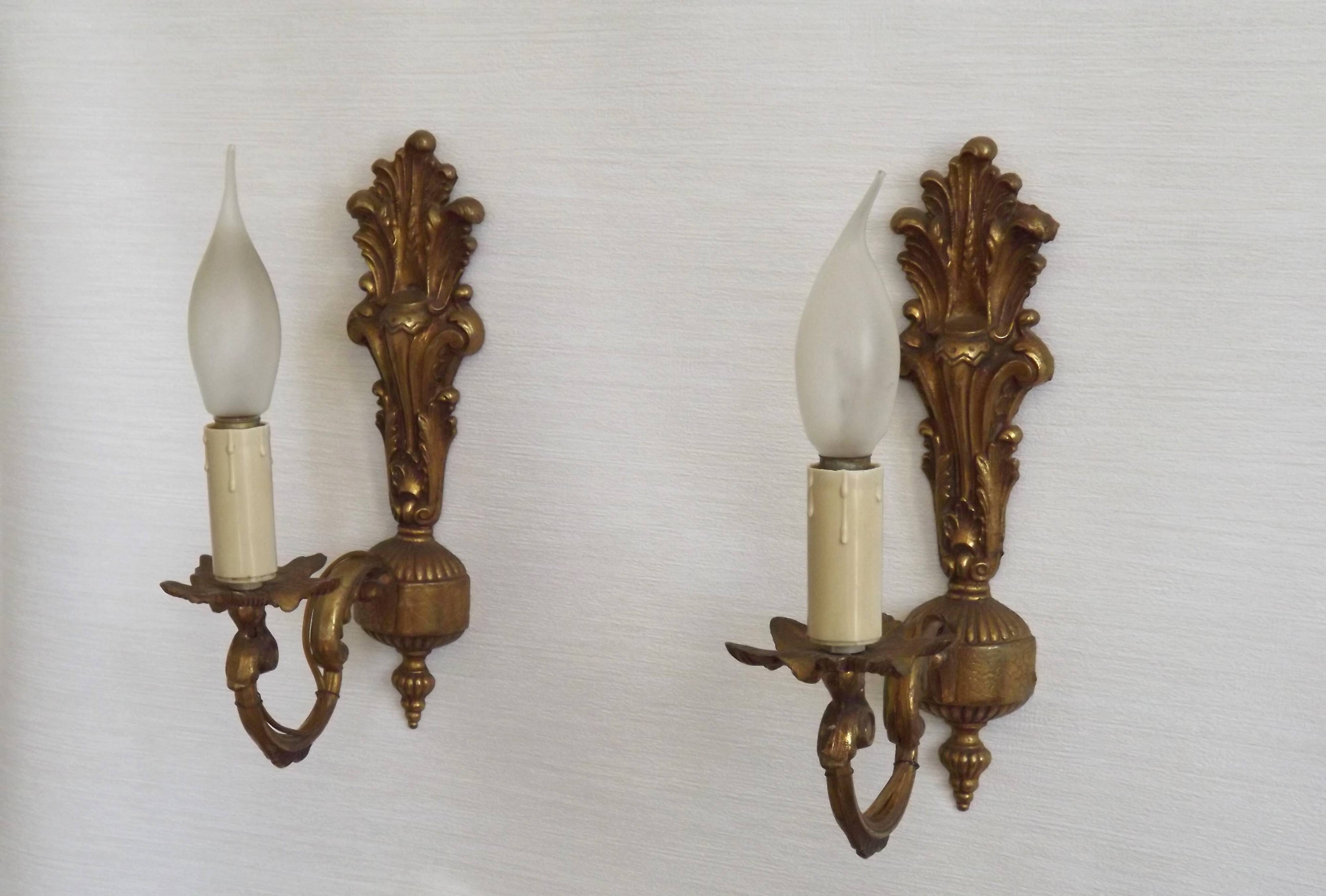 Pair French Gilt Bronze Single Wall Sconces Leaf & Feather Plume Detail